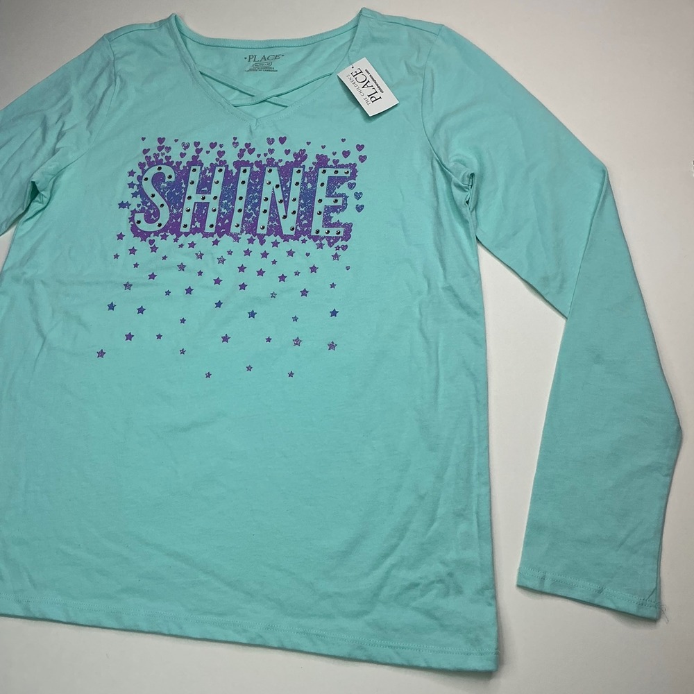 The Children's Place Iced Mint Graphic Tee Kids XL 14 Long Sleeve Shine Glitter - Picture 2 of 15